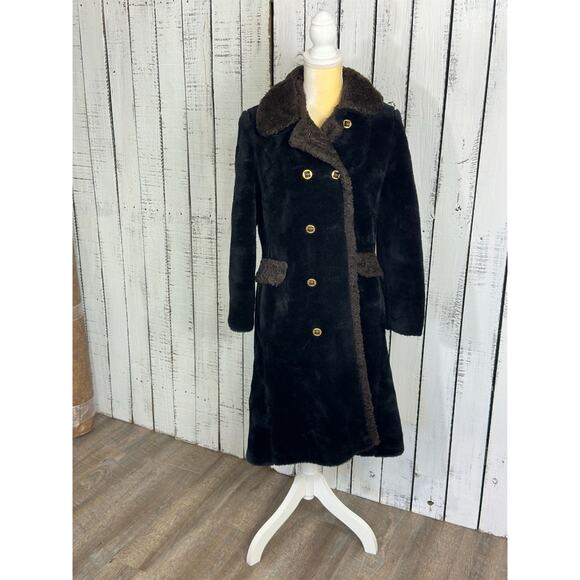 Vintage 70s Fingerhut Fashions Faux Fur Penny Lane Coat Black Double Breasted - Picture 10 of 16